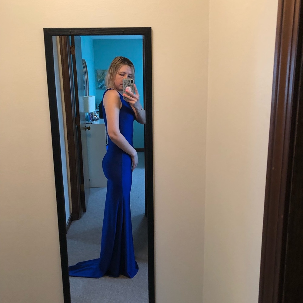 Long royal blue dress with a train